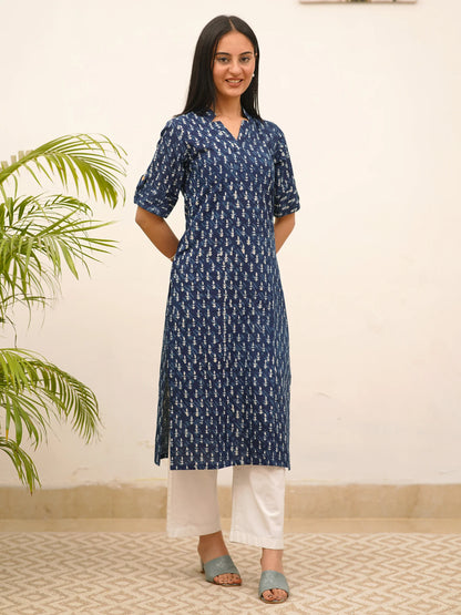 Indigo Motif Block Printed COTTON Collar Kurta