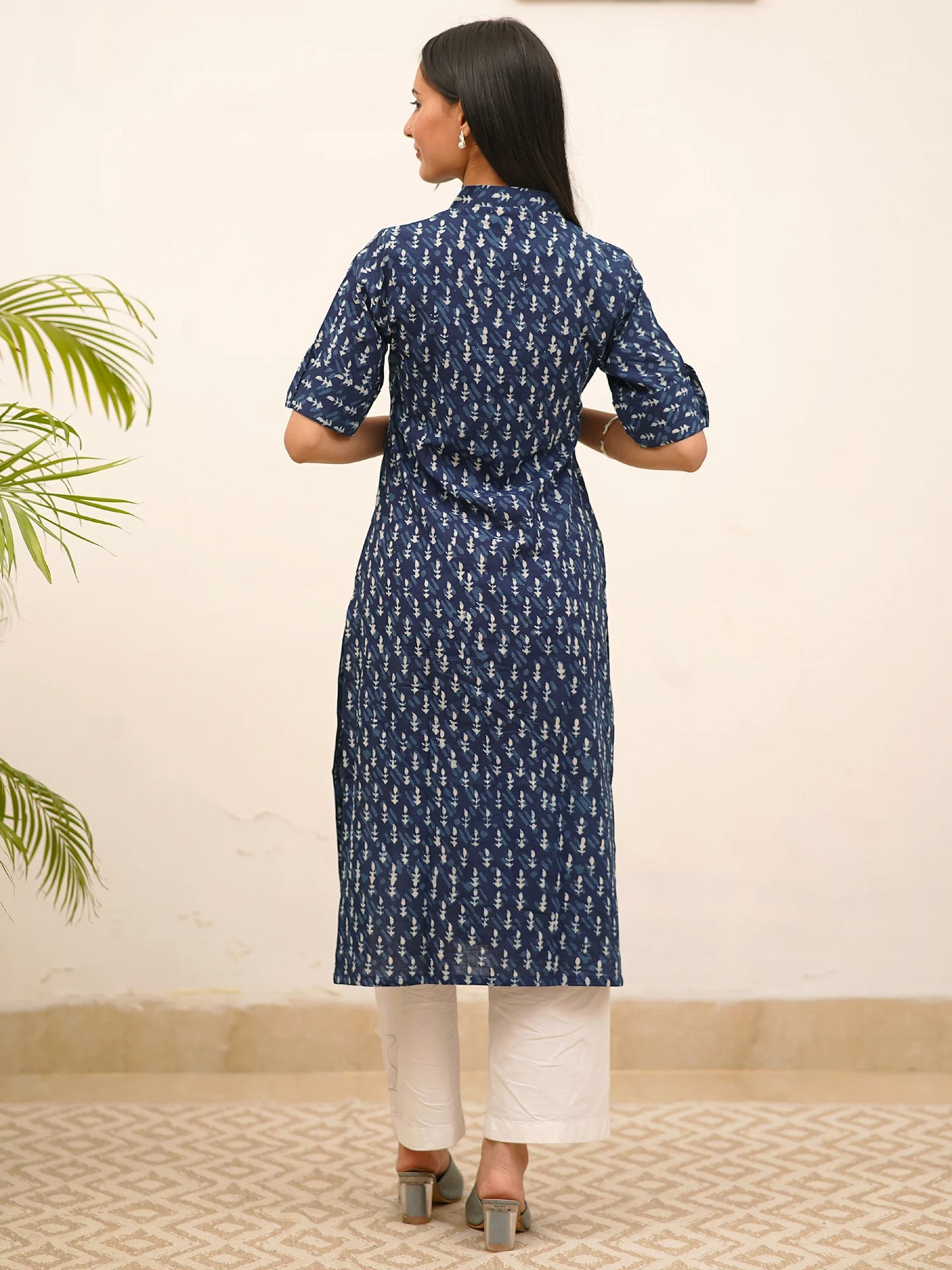 Indigo Motif Block Printed COTTON Collar Kurta