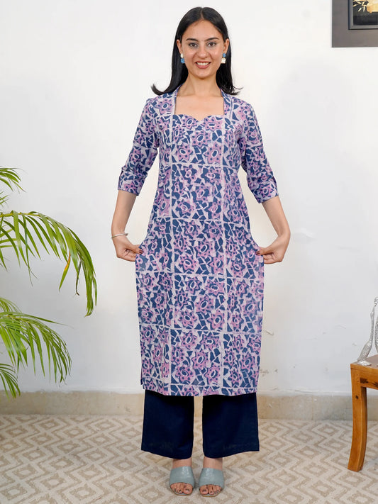 Lavender Blue Block Printed COTTON Kurta