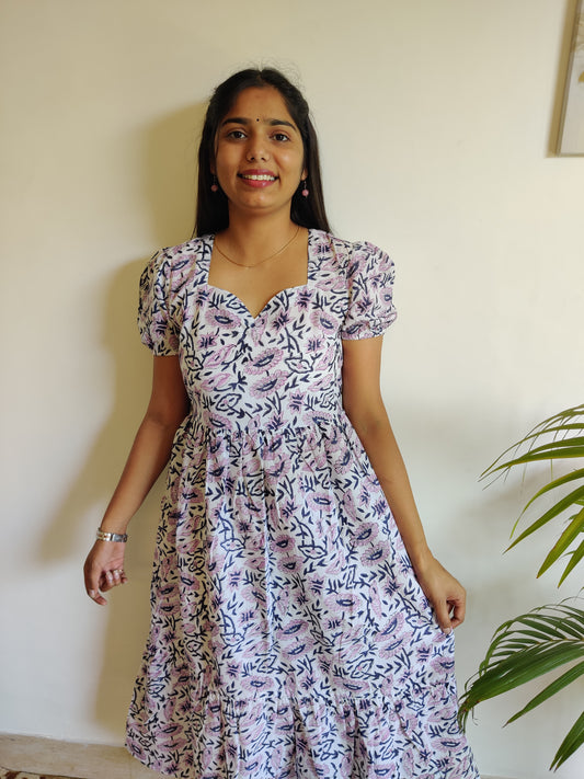 Lavender Blue Hand Block Printed Tiered Dress