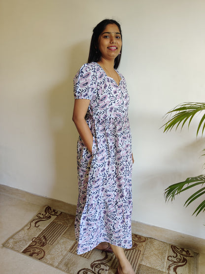 Lavender Blue Hand Block Printed Tiered Dress