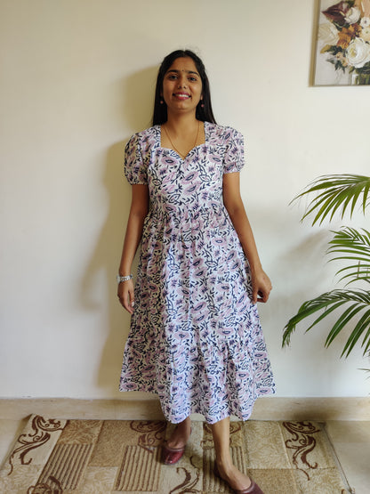 Lavender Blue Hand Block Printed Tiered Dress