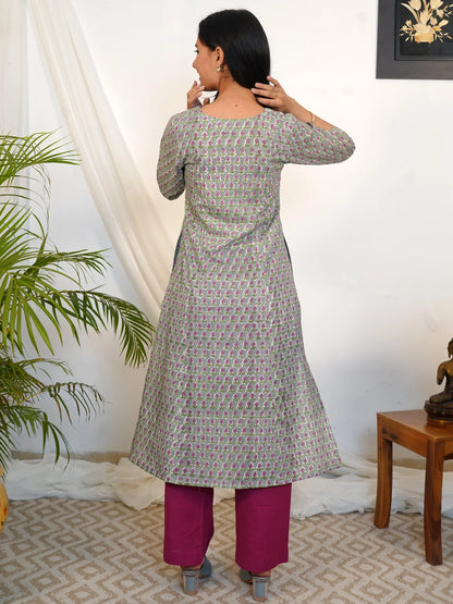 Lavender Gray Floral A-line COTTON Kurta