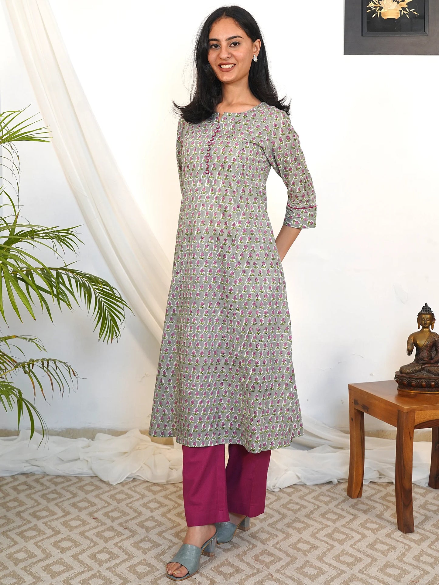 Lavender Gray Floral A-line COTTON Kurta