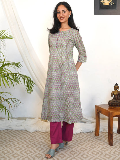 Lavender Gray Floral A-line COTTON Kurta