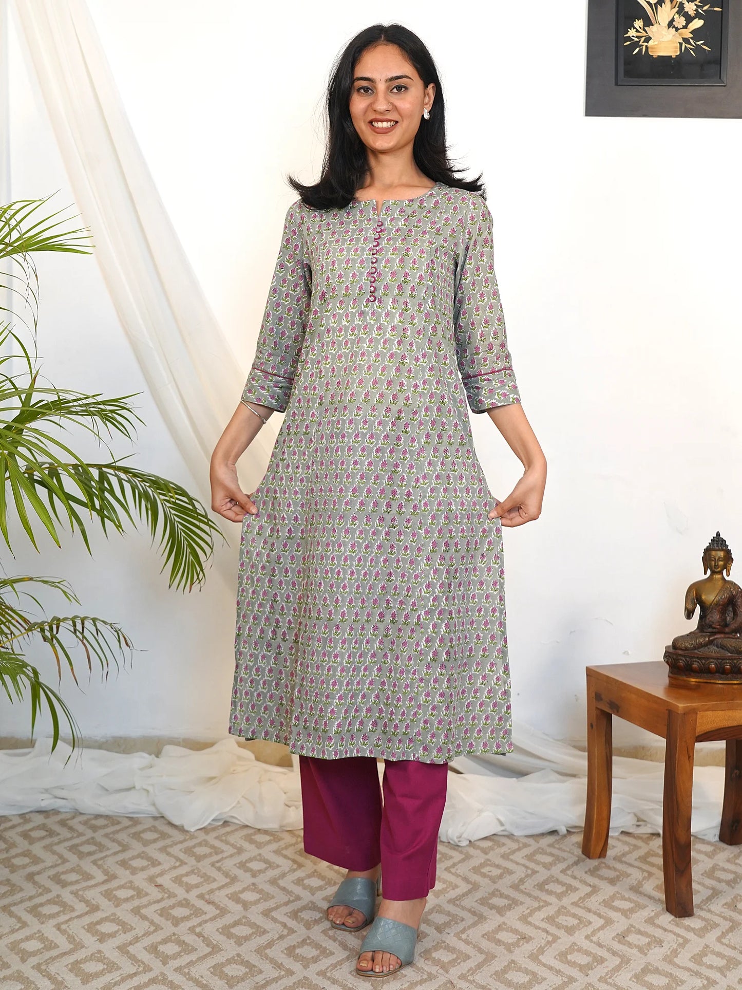 Lavender Gray Floral A-line COTTON Kurta