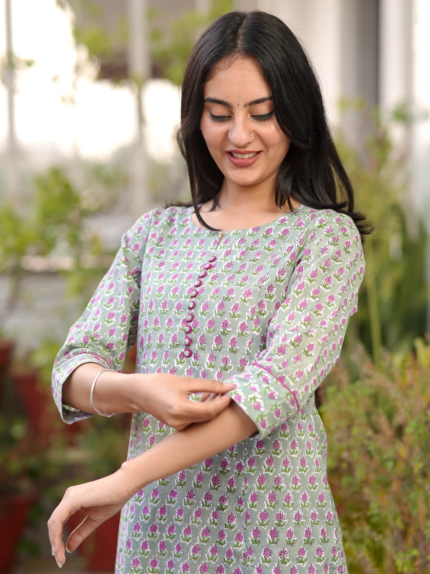 Lavender Gray Floral A-line COTTON Kurta