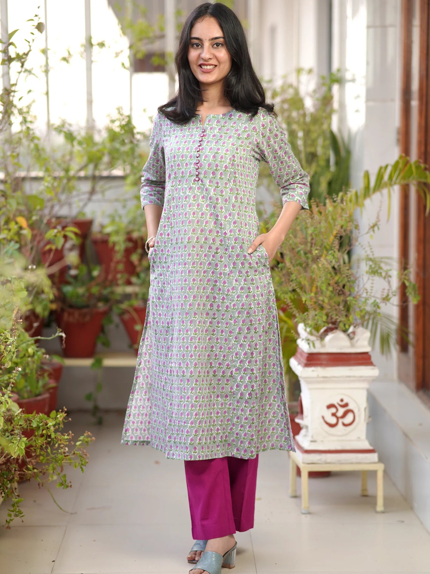 Lavender Gray Floral A-line COTTON Kurta