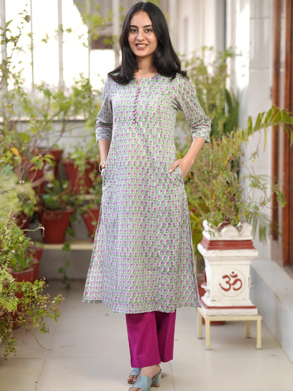 Lavender Gray Floral A-line COTTON Kurta