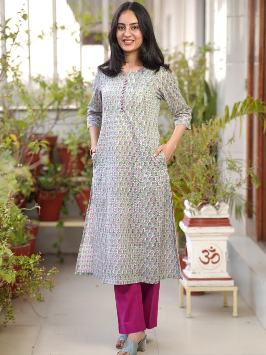 Lavender Gray Floral A-line COTTON Kurta