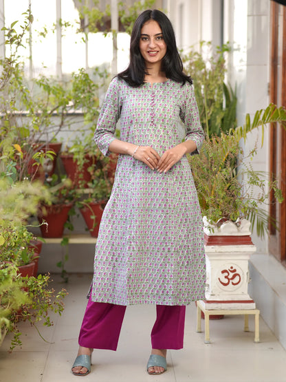 Lavender Gray Floral A-line COTTON Kurta