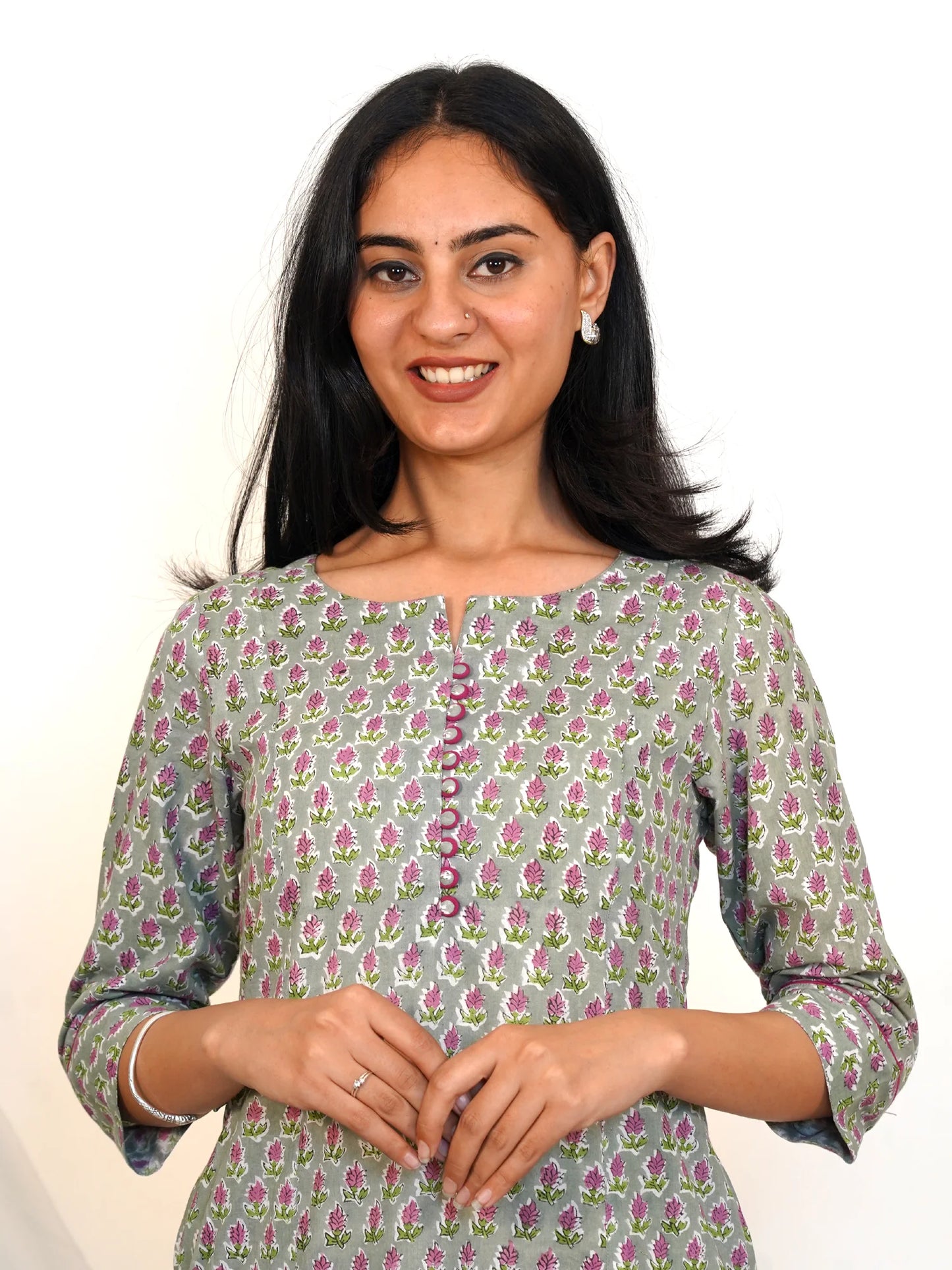 Lavender Gray Floral A-line COTTON Kurta