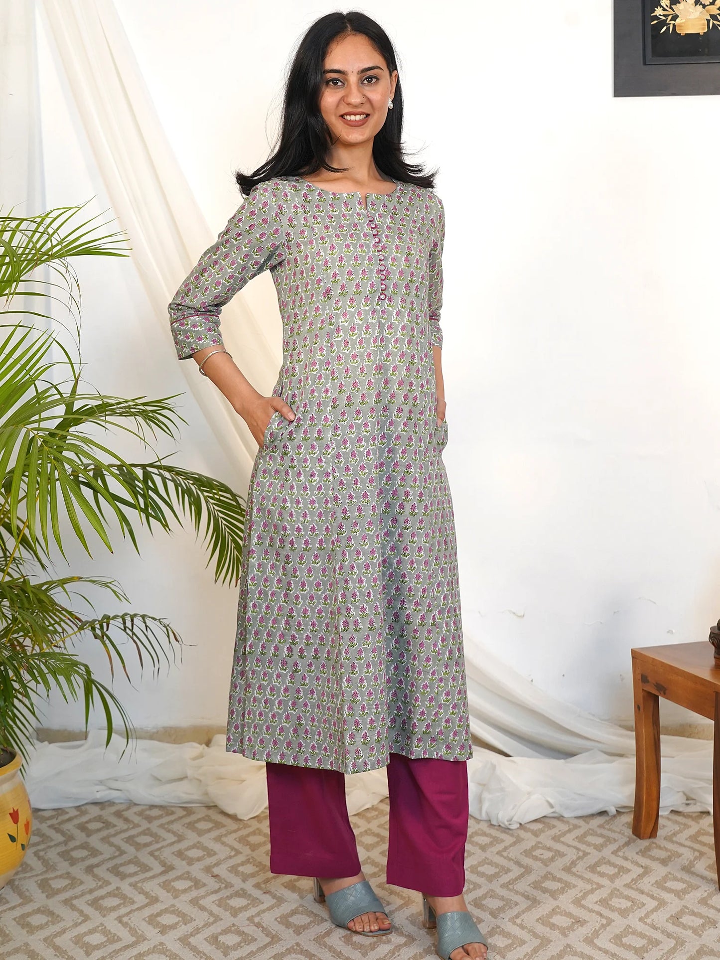 Lavender Gray Floral A-line COTTON Kurta