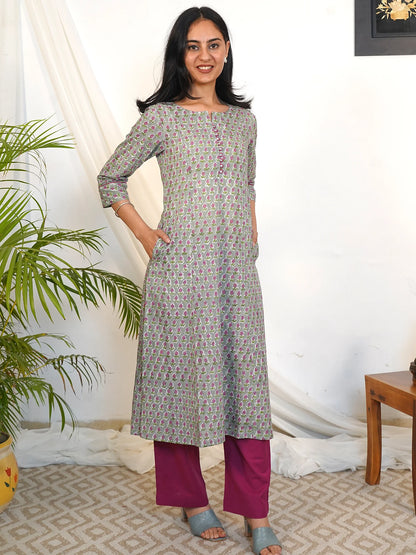 Lavender Gray Floral A-line COTTON Kurta