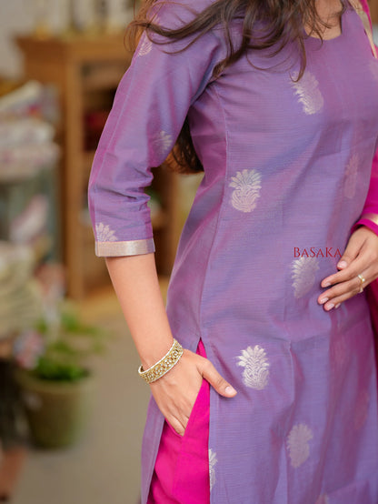 Lavender n Pink Kora Silk Suit Set (3 Pcs) with lining
