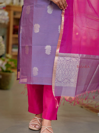 Lavender n Pink Kora Silk Suit Set (3 Pcs) with lining