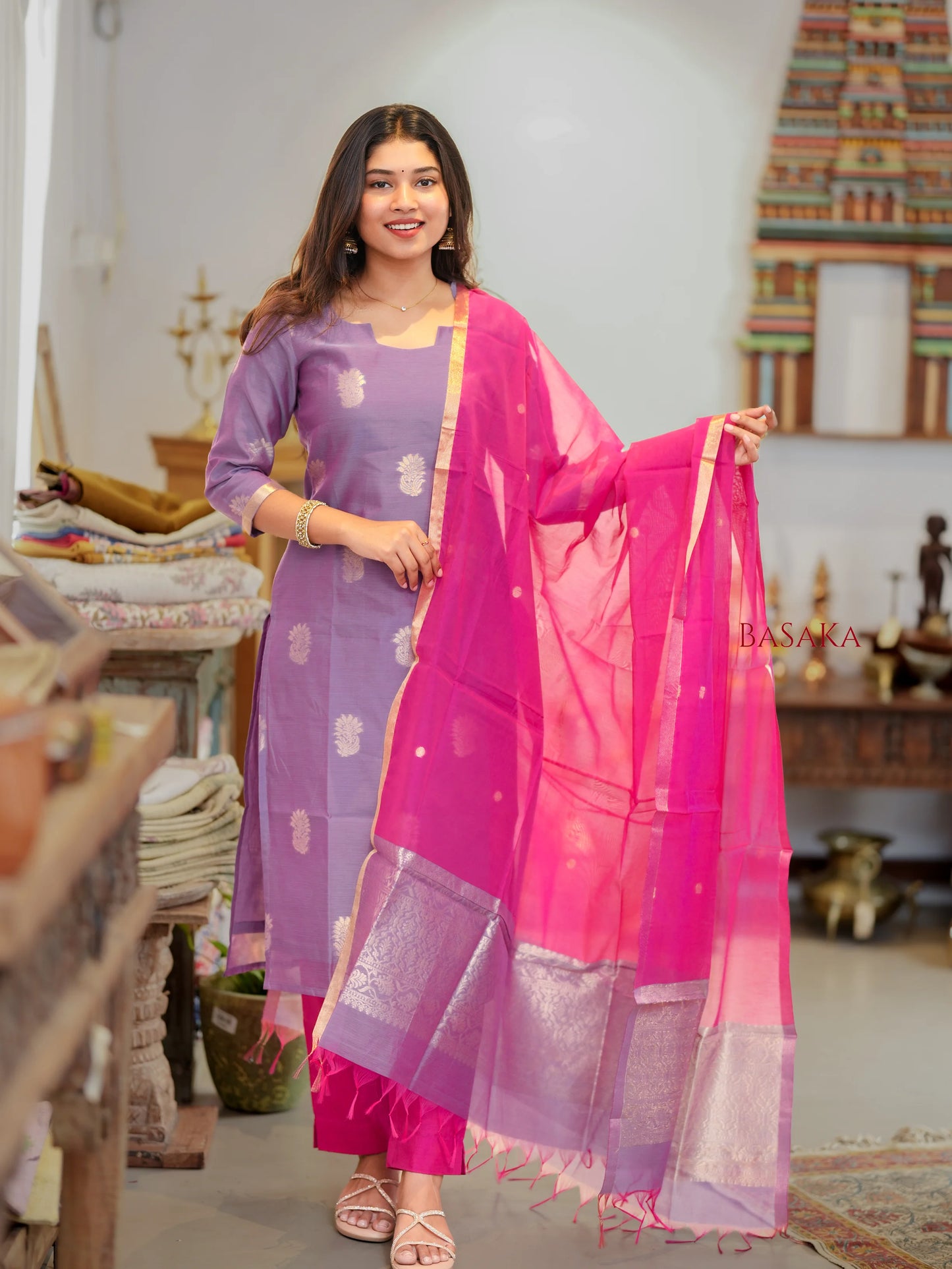Lavender n Pink Kora Silk Suit Set (3 Pcs) with lining