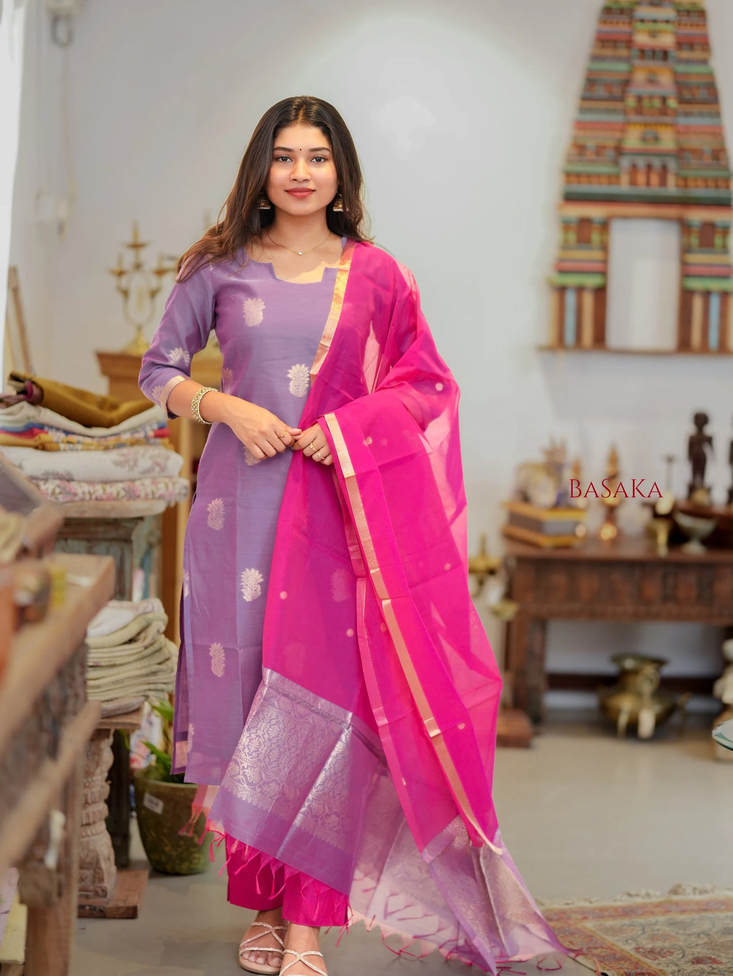 Lavender n Pink Kora Silk Suit Set (3 Pcs) with lining