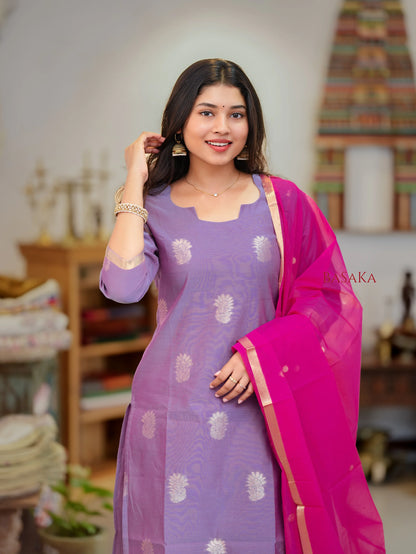 Lavender n Pink Kora Silk Suit Set (3 Pcs) with lining