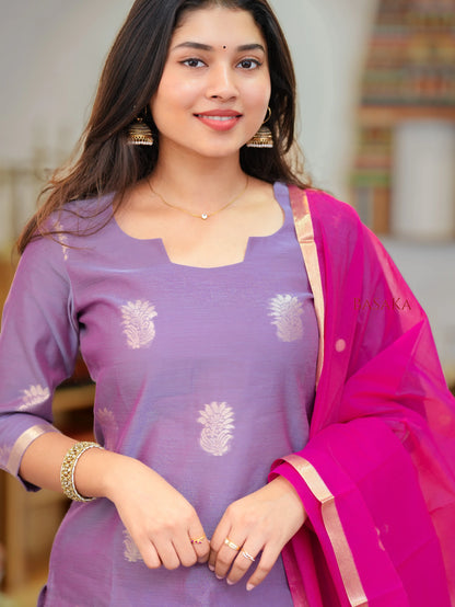 Lavender n Pink Kora Silk Suit Set (3 Pcs) with lining