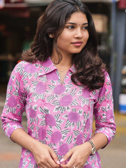 Lavender Roses Block Printed Cotton Kurta