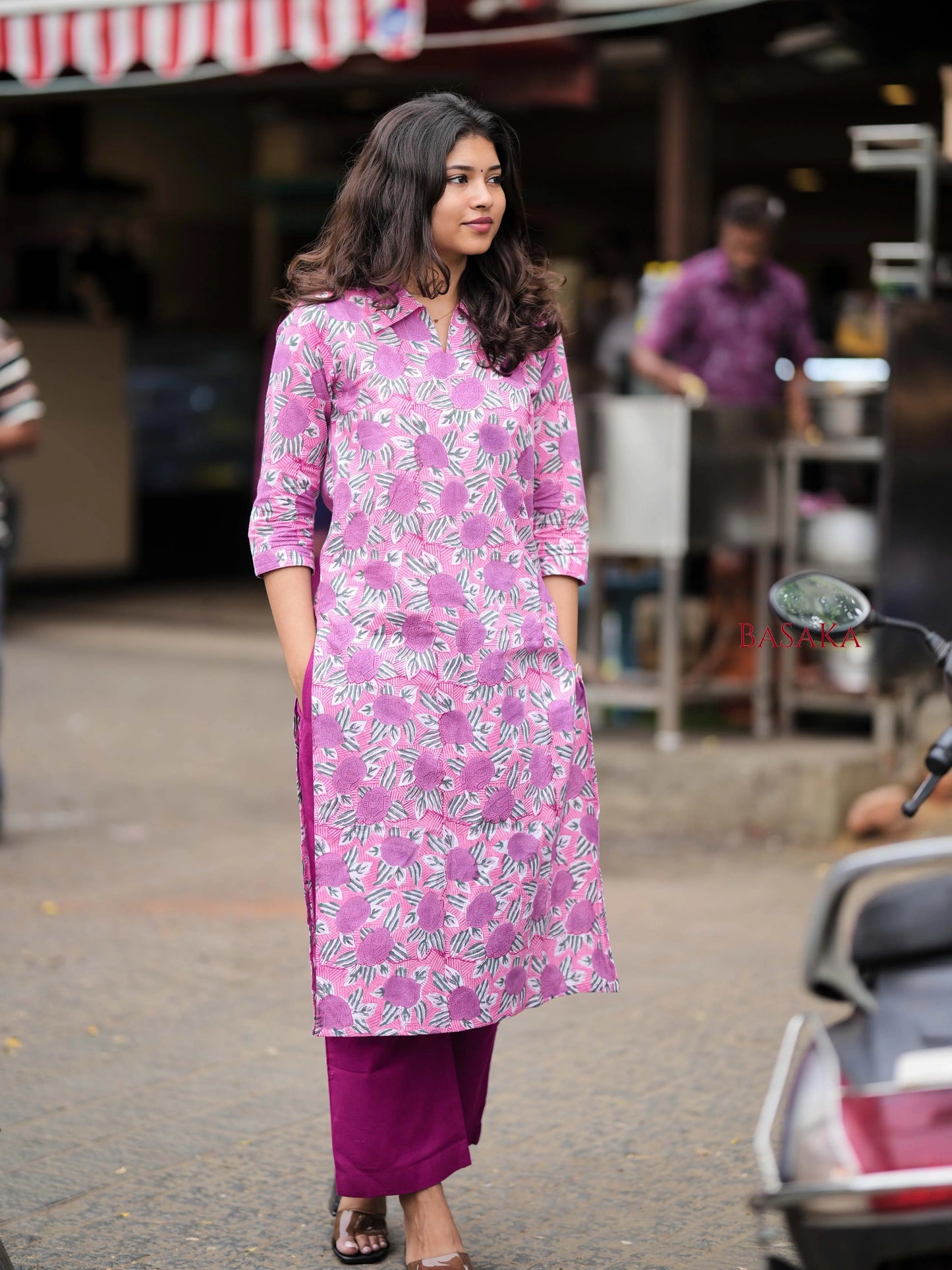 Lavender Roses Block Printed Cotton Kurta