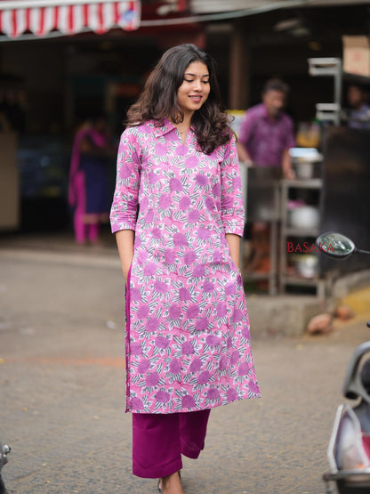 Lavender Roses Block Printed Cotton Kurta