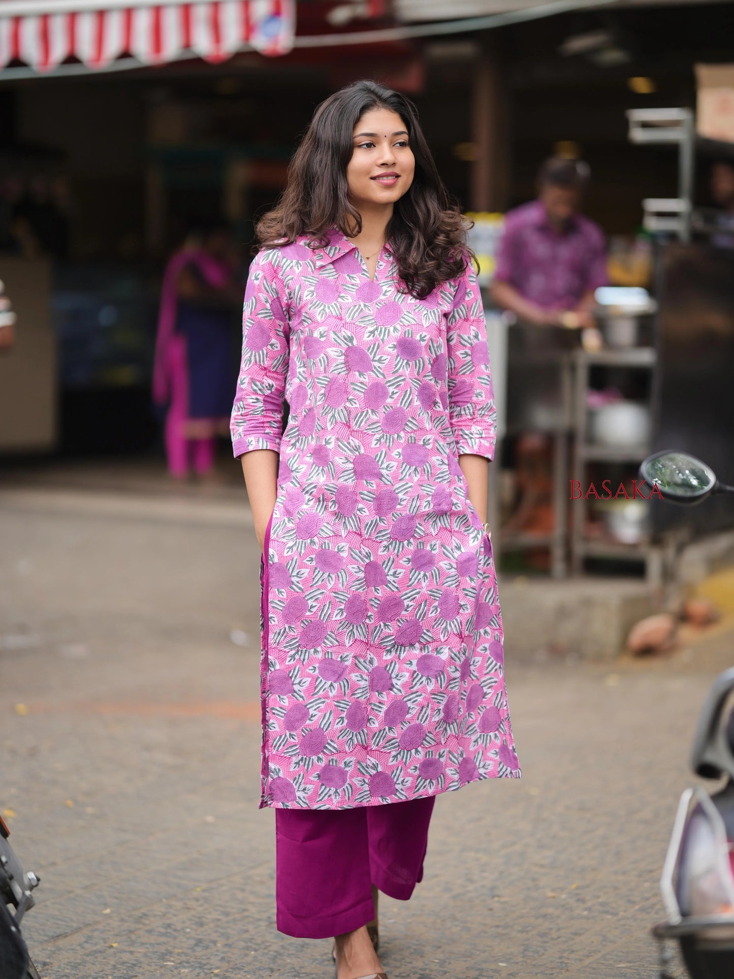 Lavender Roses Block Printed Cotton Kurta