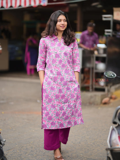Lavender Roses Block Printed Cotton Kurta