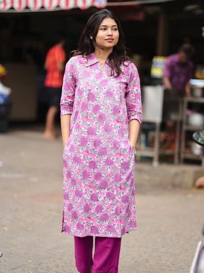 Lavender Roses Block Printed Cotton Kurta