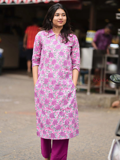 Lavender Roses Block Printed Cotton Kurta