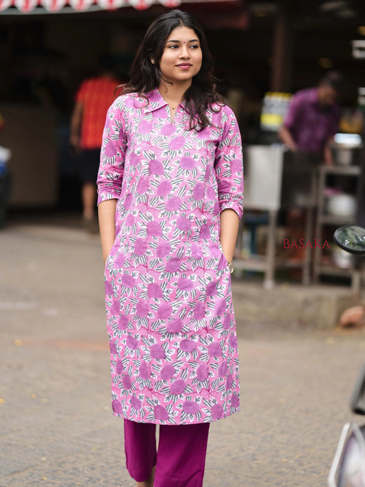 Lavender Roses Block Printed Cotton Kurta