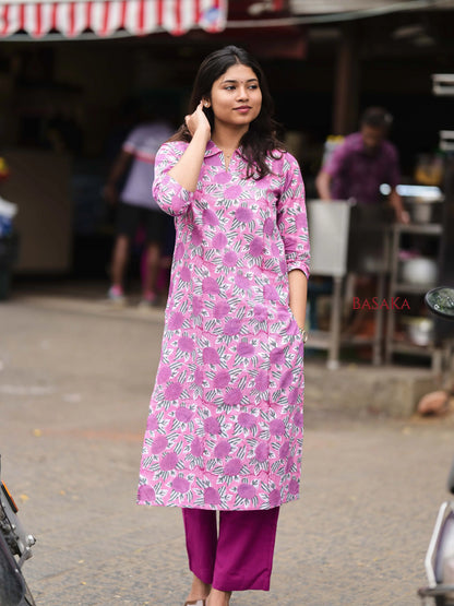 Lavender Roses Block Printed Cotton Kurta