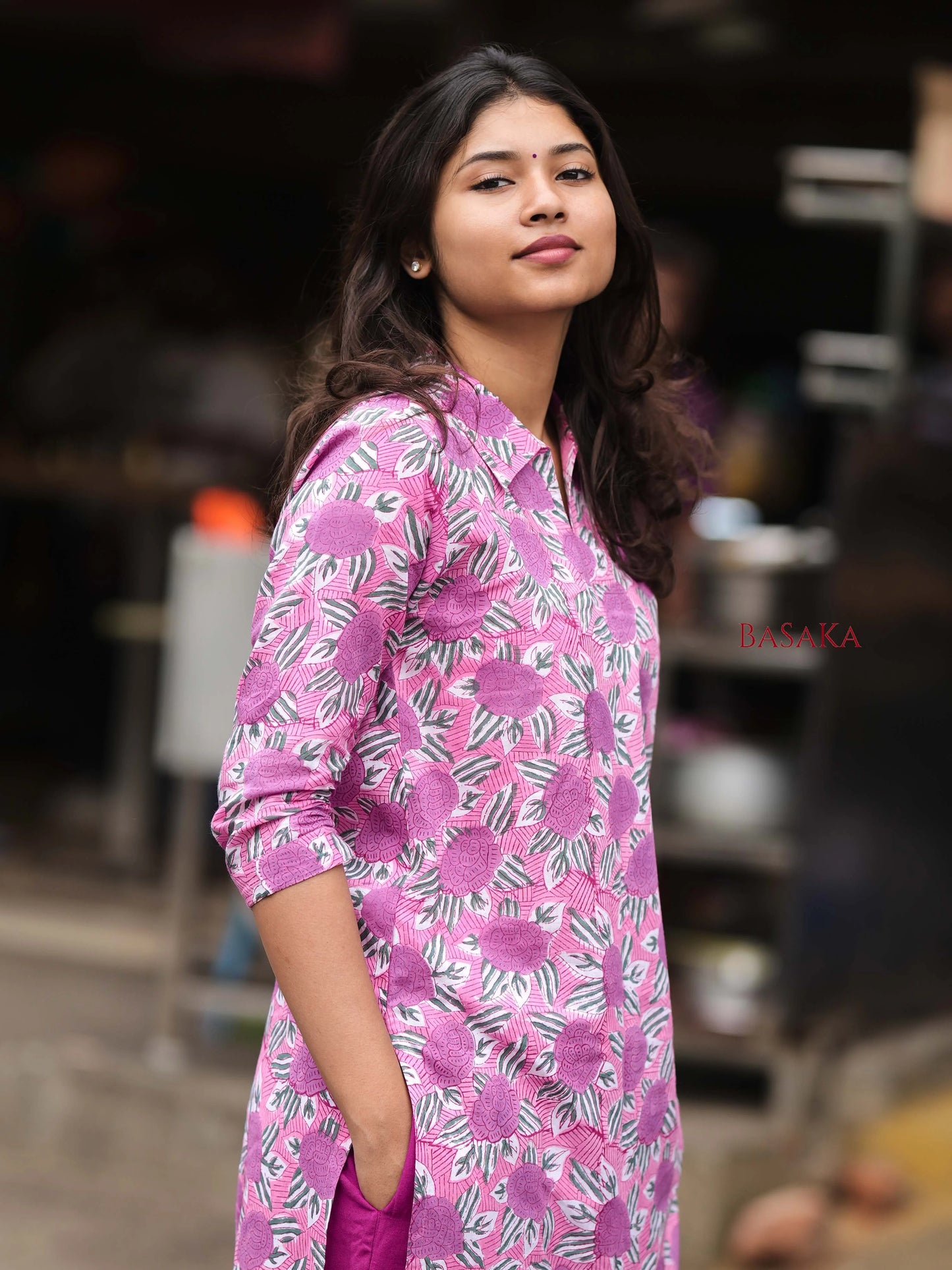 Lavender Roses Block Printed Cotton Kurta