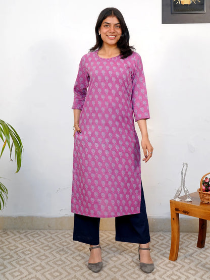 Lavender and Blue Motif Block Printed COTTON Kurta