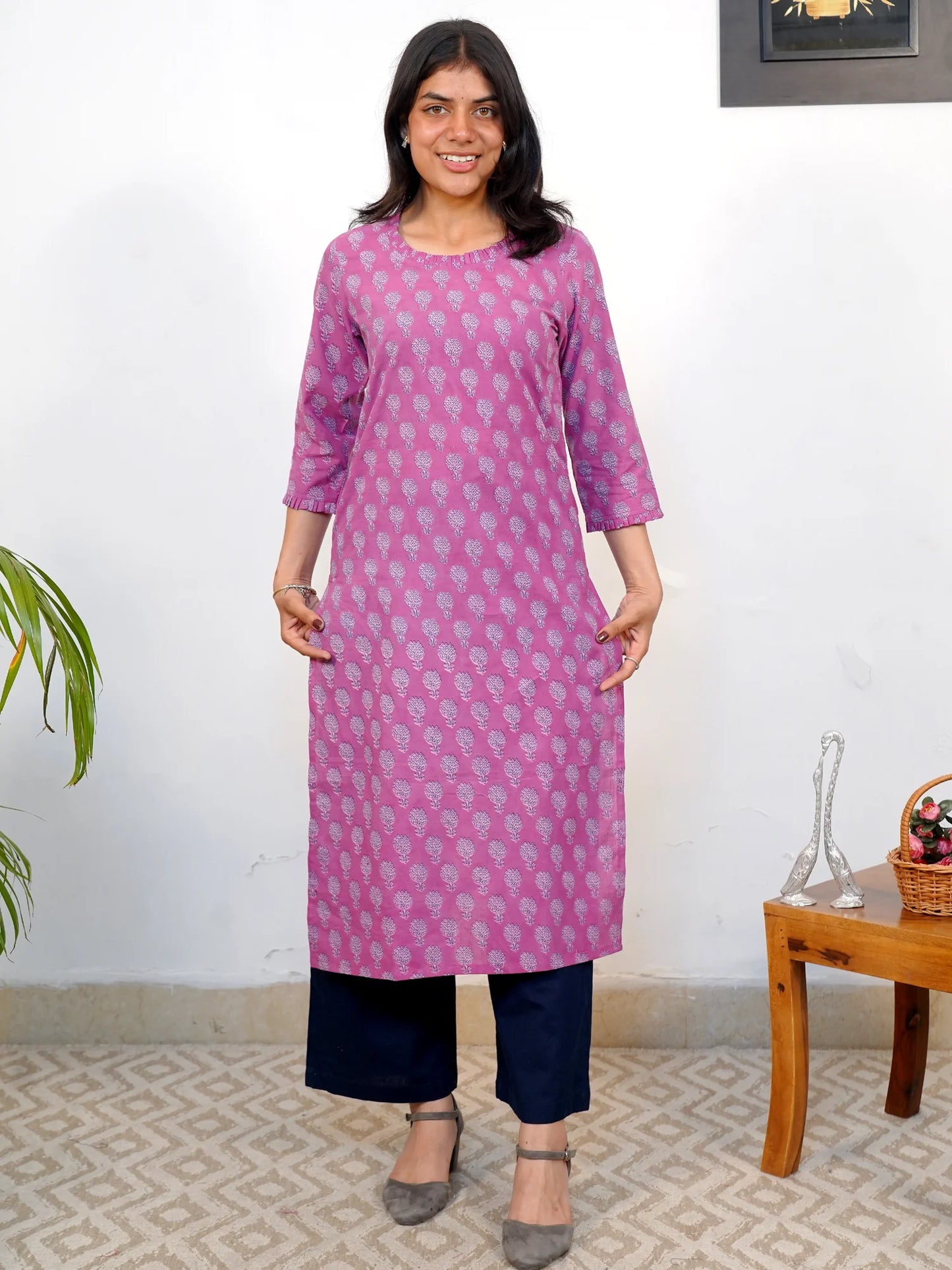 Lavender and Blue Motif Block Printed COTTON Kurta