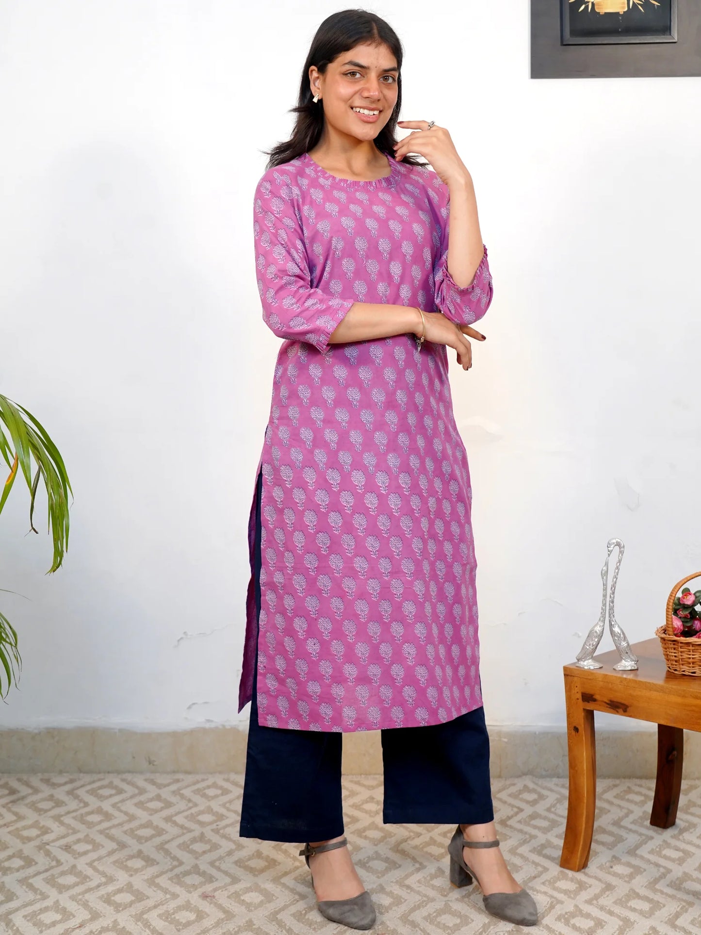 Lavender and Blue Motif Block Printed COTTON Kurta