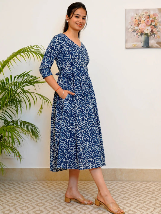 Leafy Indigo Block Printed COTTON Dress