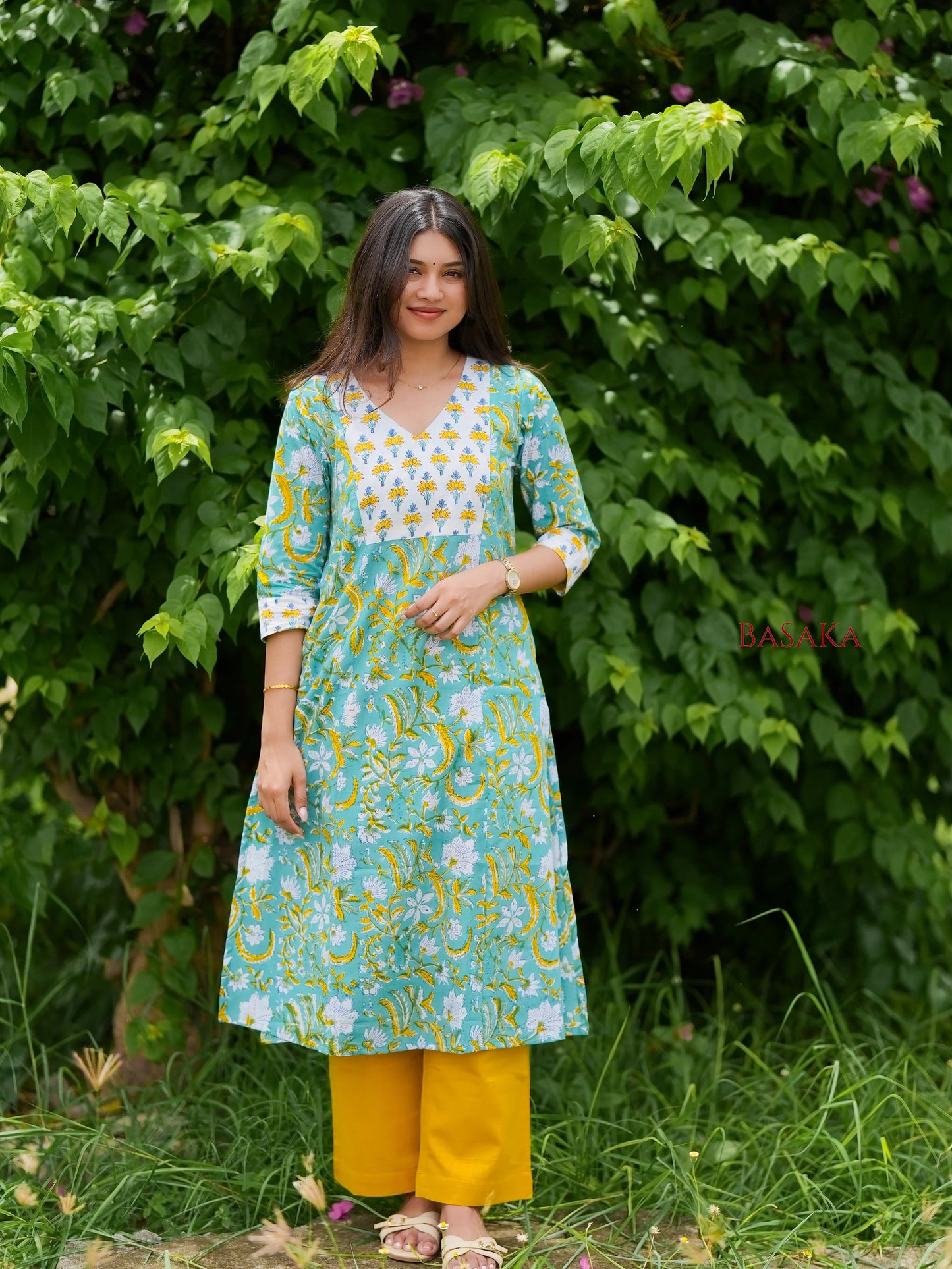Light Sea Green Floral Hand Block Printed COTTON Kurta