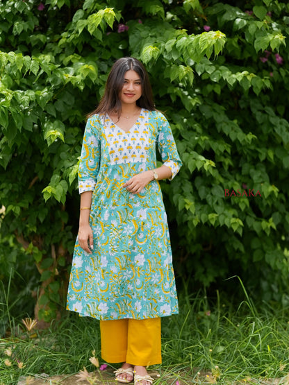 Light Sea Green Floral Hand Block Printed COTTON Kurta