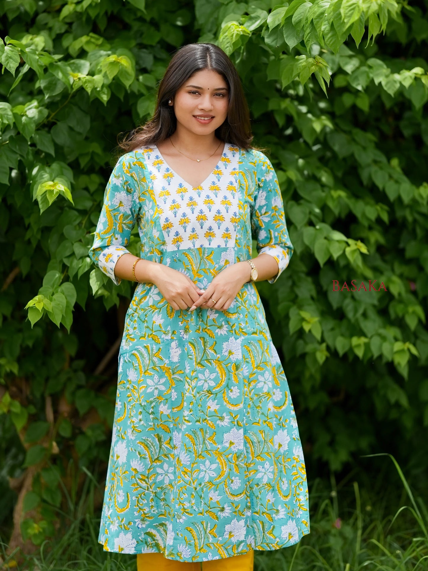 Light Sea Green Floral Hand Block Printed COTTON Kurta