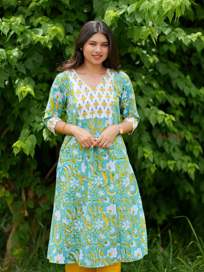 Light Sea Green Floral Hand Block Printed COTTON Kurta