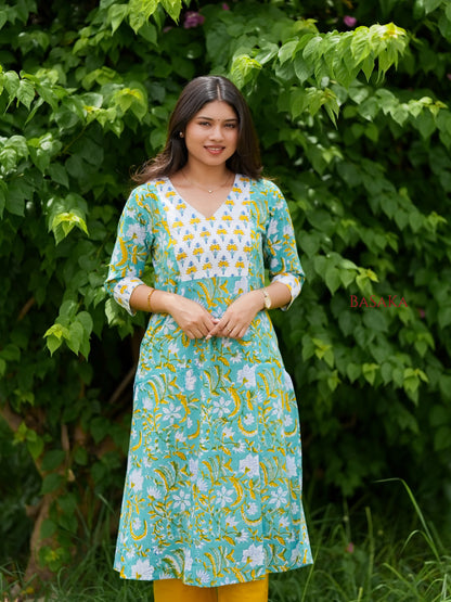 Light Sea Green Floral Hand Block Printed COTTON Kurta