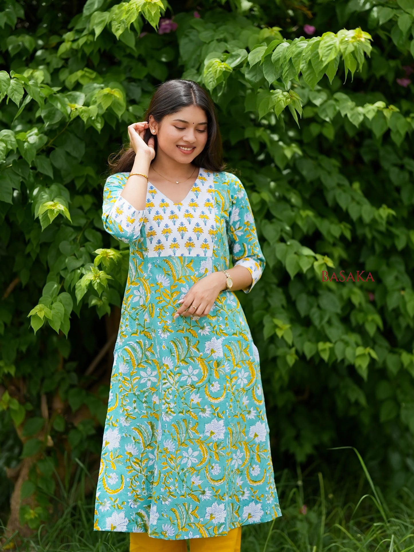 Light Sea Green Floral Hand Block Printed COTTON Kurta