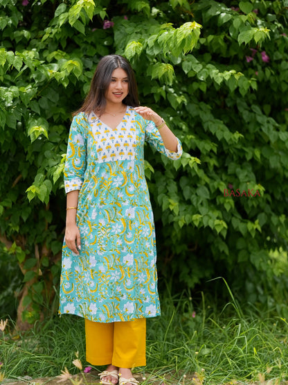 Light Sea Green Floral Hand Block Printed COTTON Kurta