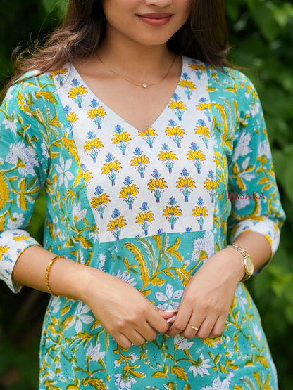 Light Sea Green Floral Hand Block Printed COTTON Kurta