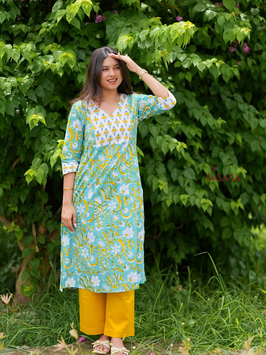 Light Sea Green Floral Hand Block Printed COTTON Kurta