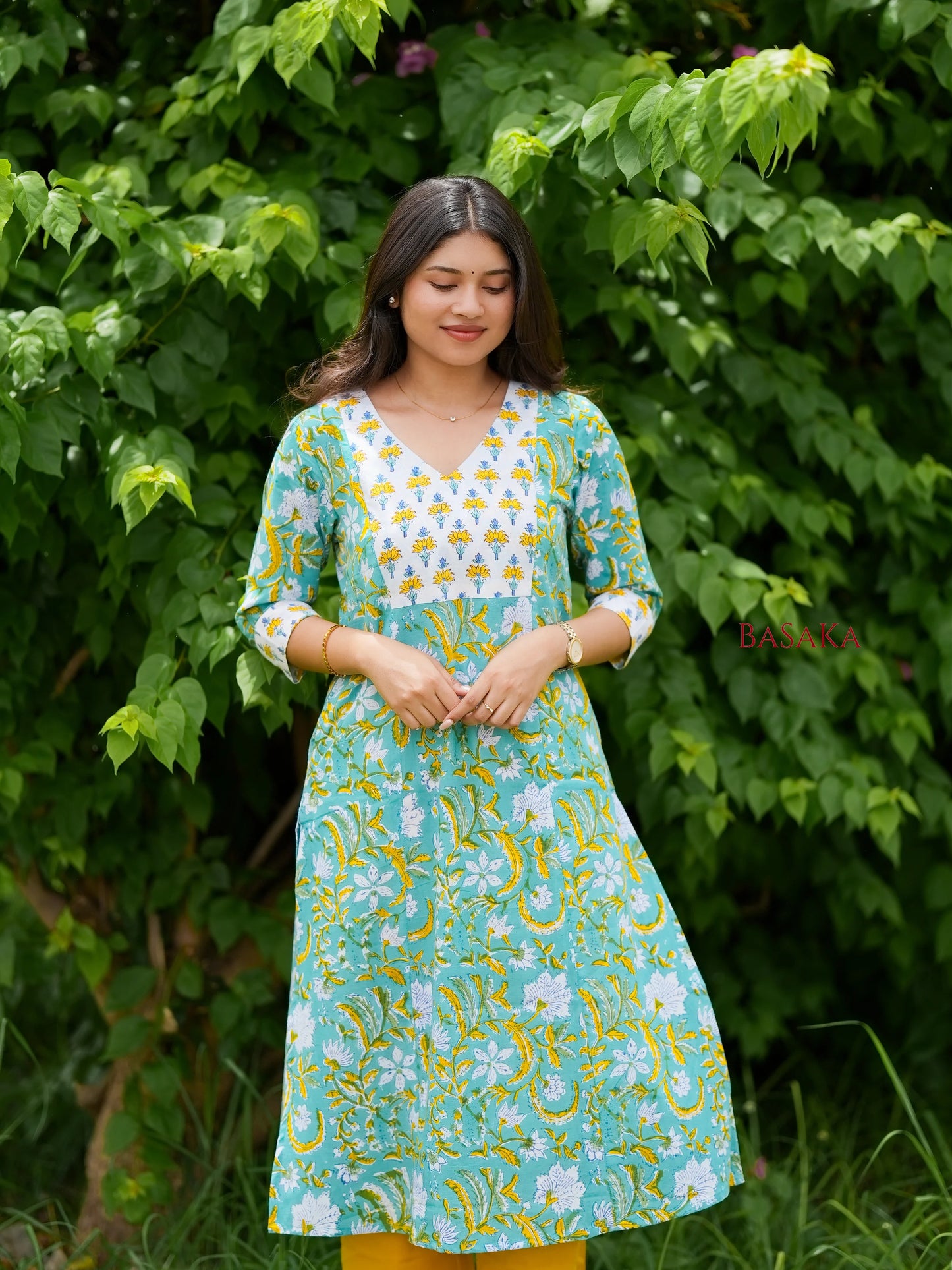 Light Sea Green Floral Hand Block Printed COTTON Kurta