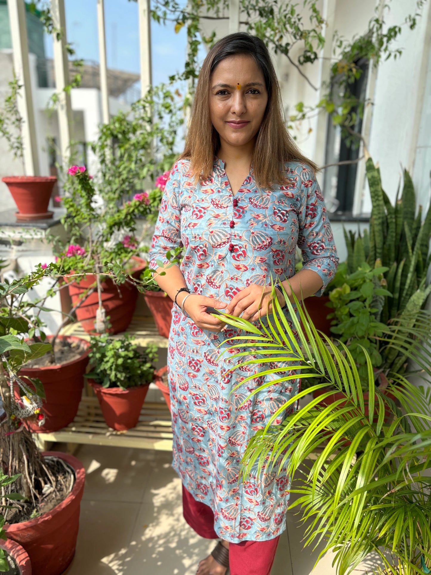 Light Sky Blue Floral Block Printed Collar Kurta