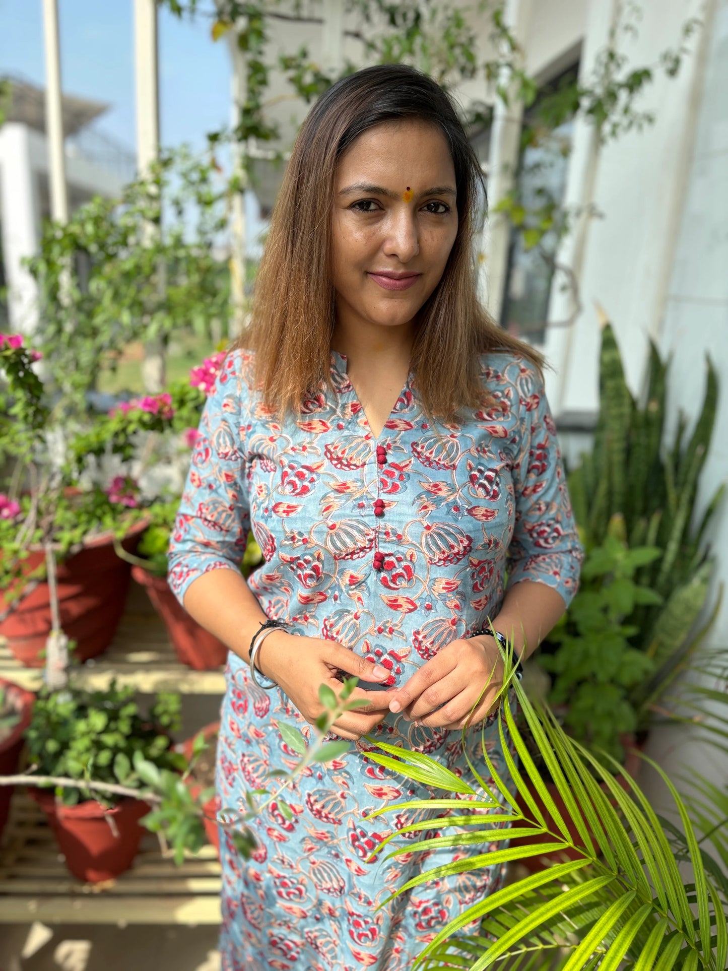 Light Sky Blue Floral Block Printed Collar Kurta